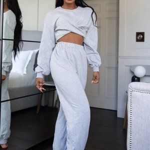 SHEIN Casual Light Gray Drop Shoulder Cross Wrap Crop Pullover & Joggers - XS